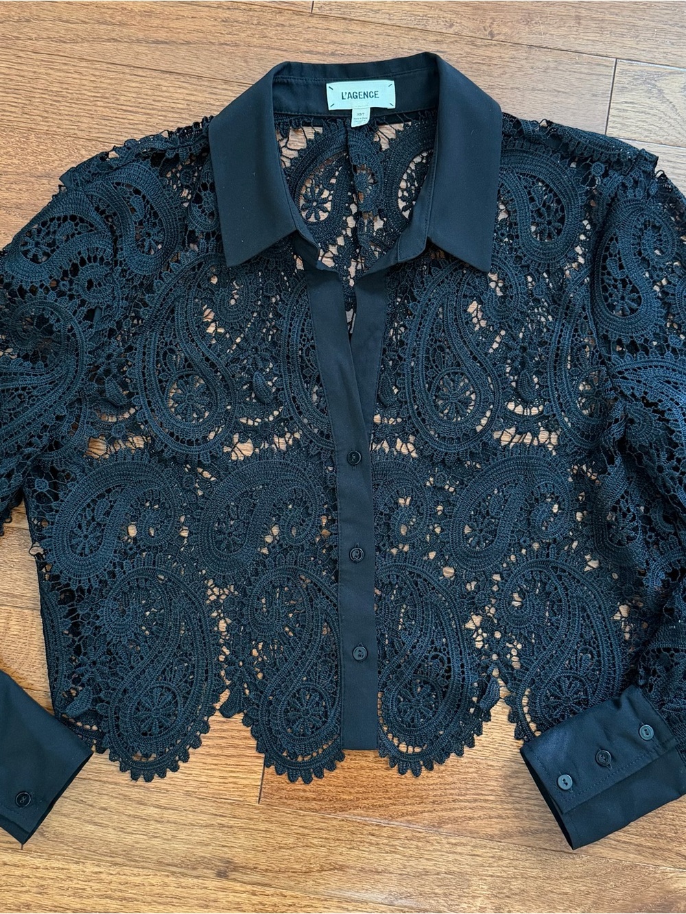 L’agence Black Lace Cropped Button-Up Blouse XS - Picture 3 of 6
